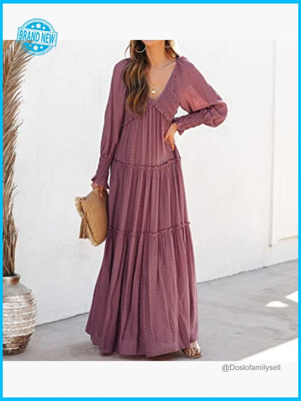 Long Sleeve V Neck Maxi Dress Empire Waist Boho Flowy Casual Elegant - Picture 5 of 7